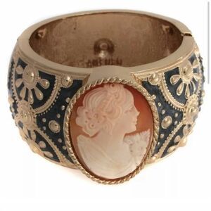 #406 AMEDEO NYC La Piazzetta Cameo and Blue Enamel Hinged Bangle Bracelet
